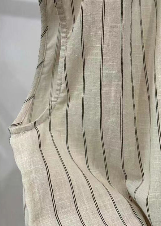 Loose Striped O-neck Side Open Cotton Shirt Vest Sleeveless