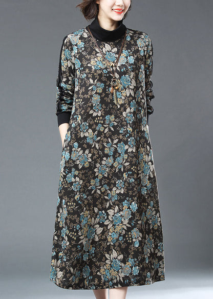 Blue Turtleneck Print Patchwork Warm Fleece Long Dresses Fall