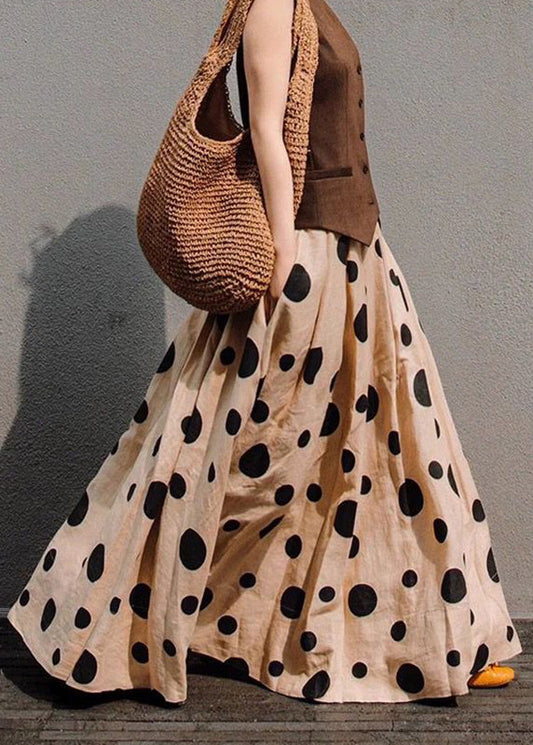 Khaki Dot Print Elastic Waist a Line Cotton Skirt Summer