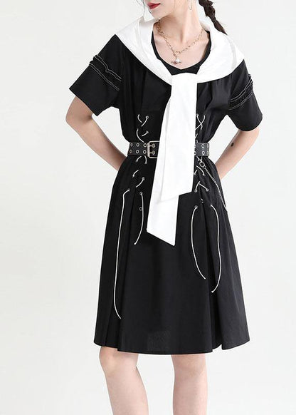 Comfy Black Hooded Design Patchwork Summer Mini Dresses Short Sleeve