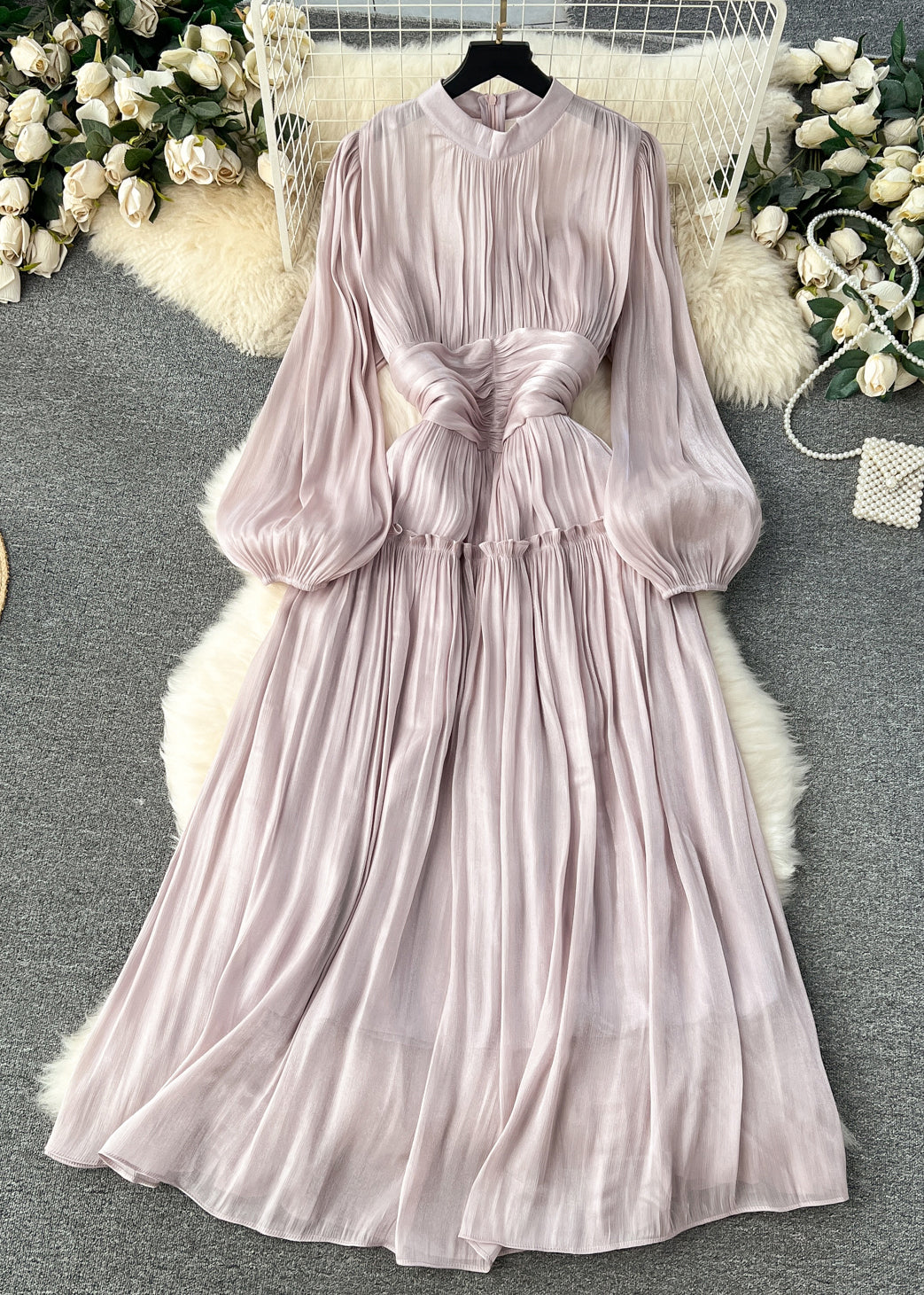 White Wrinkled Patchwork Silk Cotton Dress Long Sleeve Fall