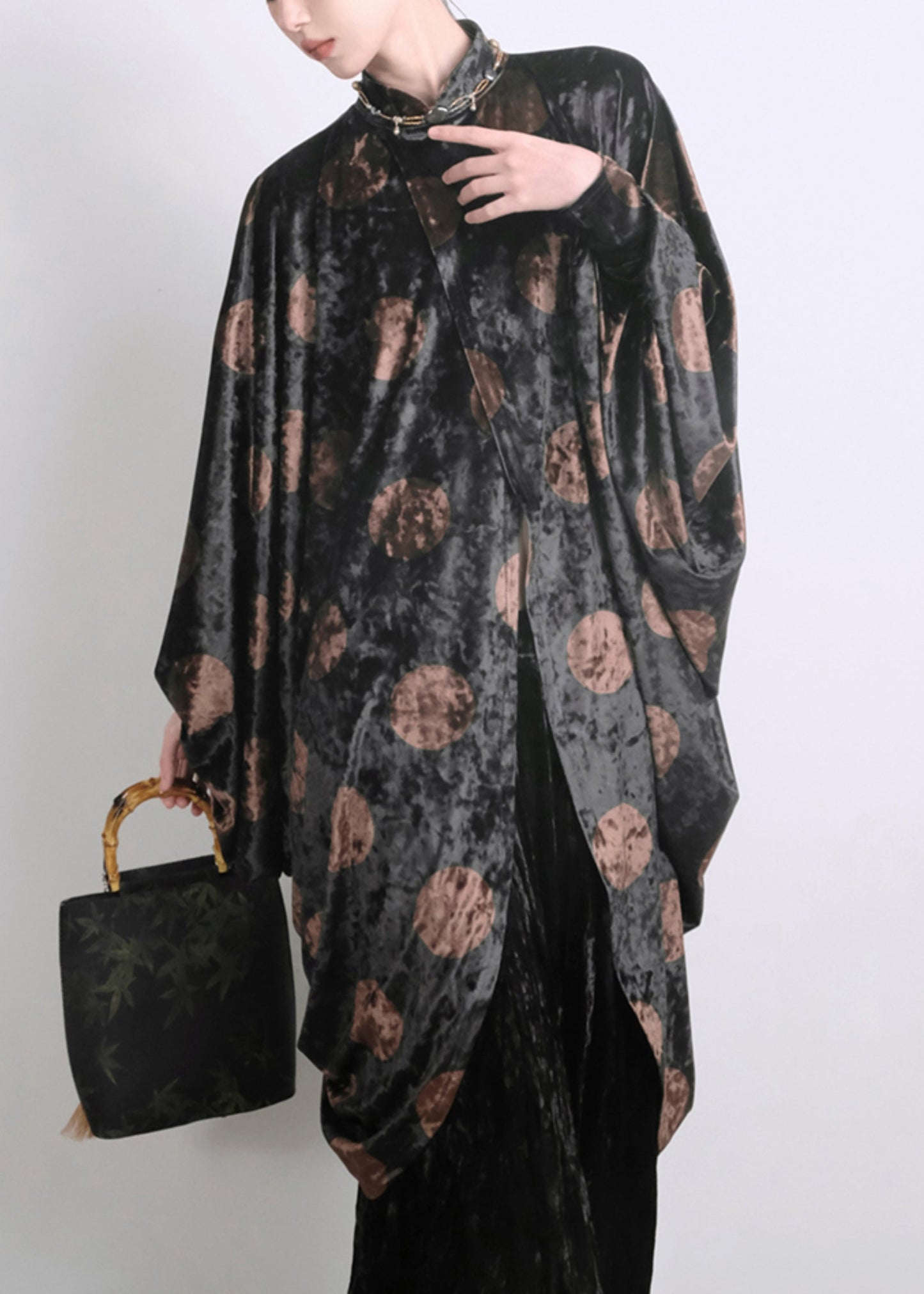Black Asymmetrical Print Silk Velour Shirts Batwing Sleeve