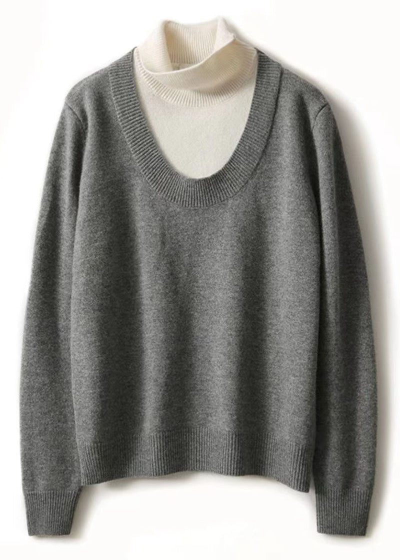 Grey Hign Neck Thick Patchwork Woolen Knit Pullover Fall