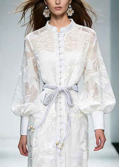 White Stand Collar Tie Waist Maxi Shirts Dresses Lantern Sleeve