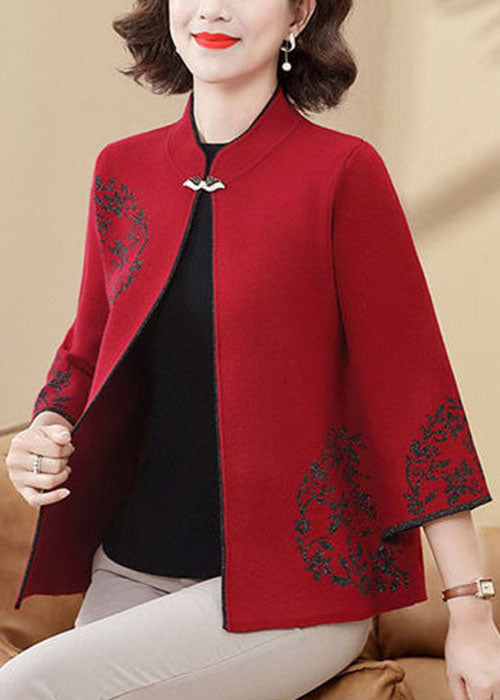 Red Mandarin Collar Print Woolen Coats Bracelet Sleeve