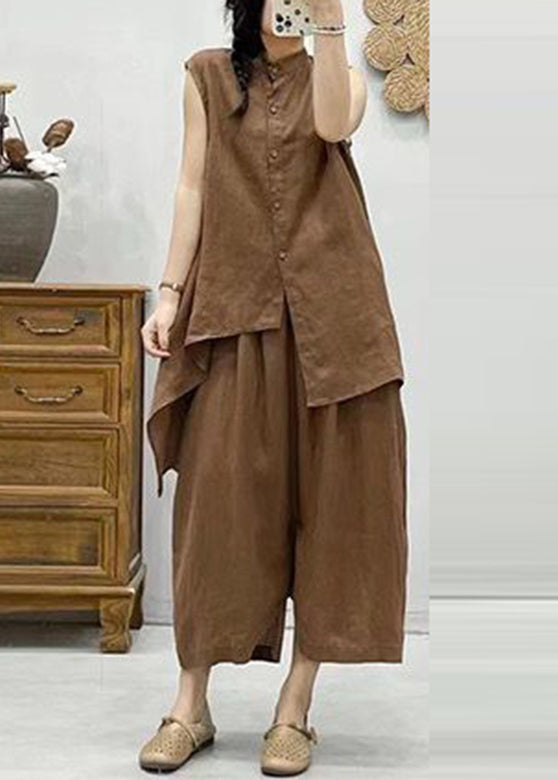 Coffee Stand Collar Asymmetrical Patchwork Linen Waistcoat and Crop Pants Two Pieces Set Summer