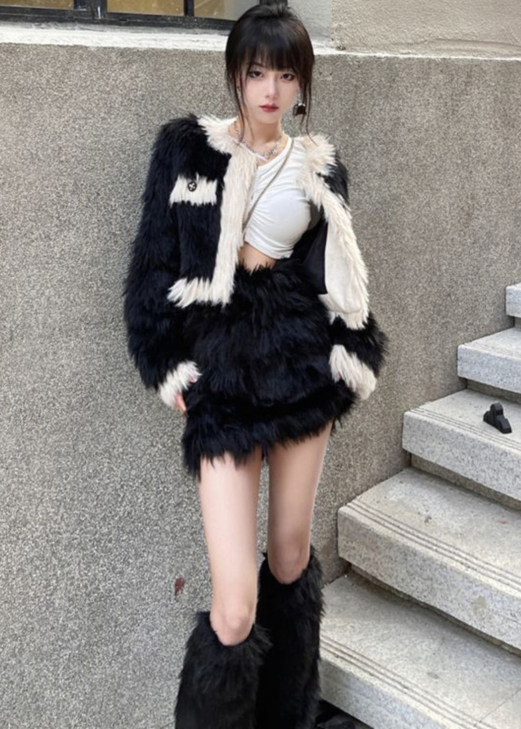 Stylish Black O-neck Coats and Skirts Mink Velvet Two Pieces Set Winter