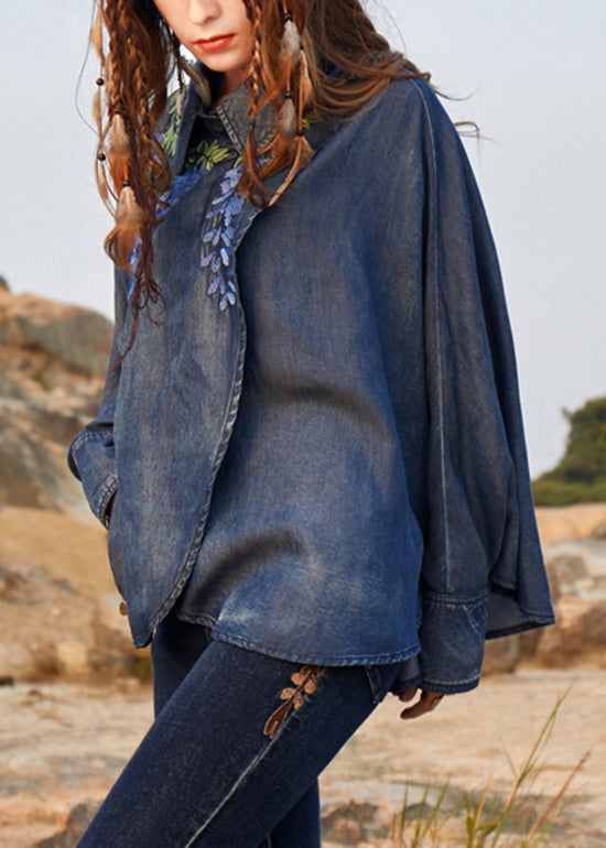 Novelty Denim Blue Asymmetrical Design Peter Pan Collar Embroideried Cotton Top Long Sleeve