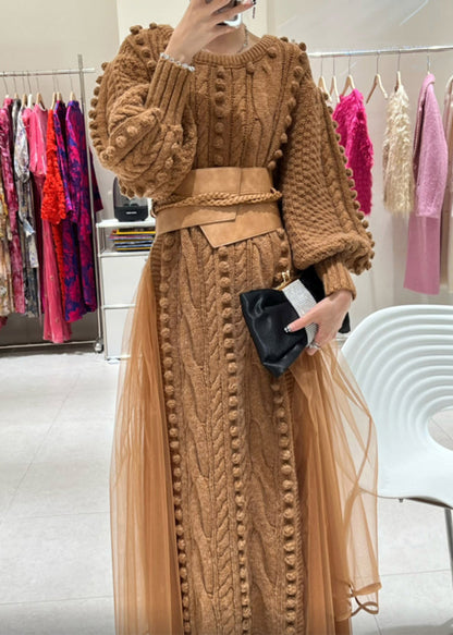 Brown O-neck Tie Waist Tulle Patchwork Knit Long Dress Fall