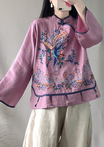 Classy Purple Stand Collar Embroideried Linen Top Long Sleeve