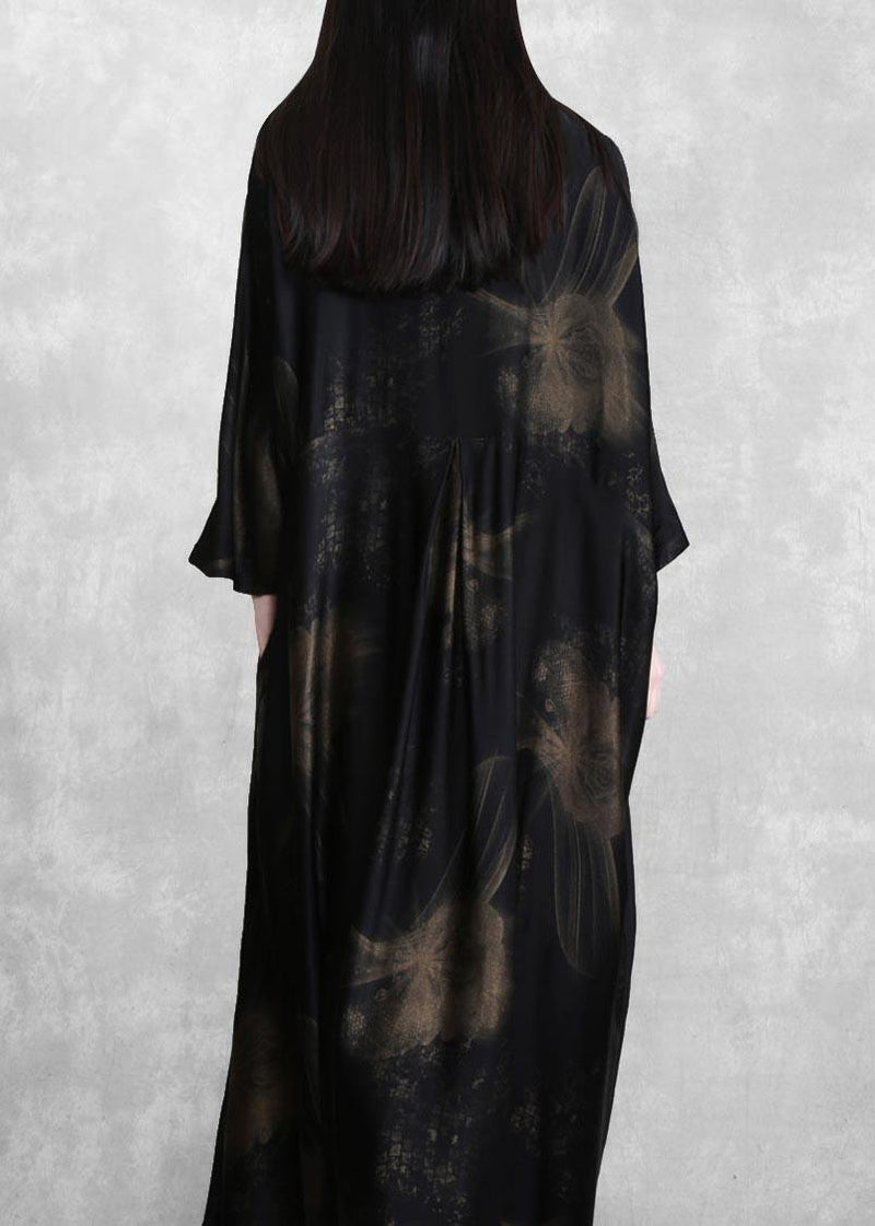 Natural Black Print Dresses Lapel Asymmetric Spring Dresses