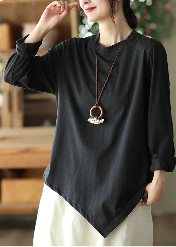 French Black O-neck Asymmetrical Cotton Shirt Top Spring