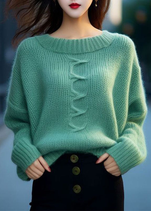Green O Neck Cozy Cotton Knit Sweaters Long Sleeve