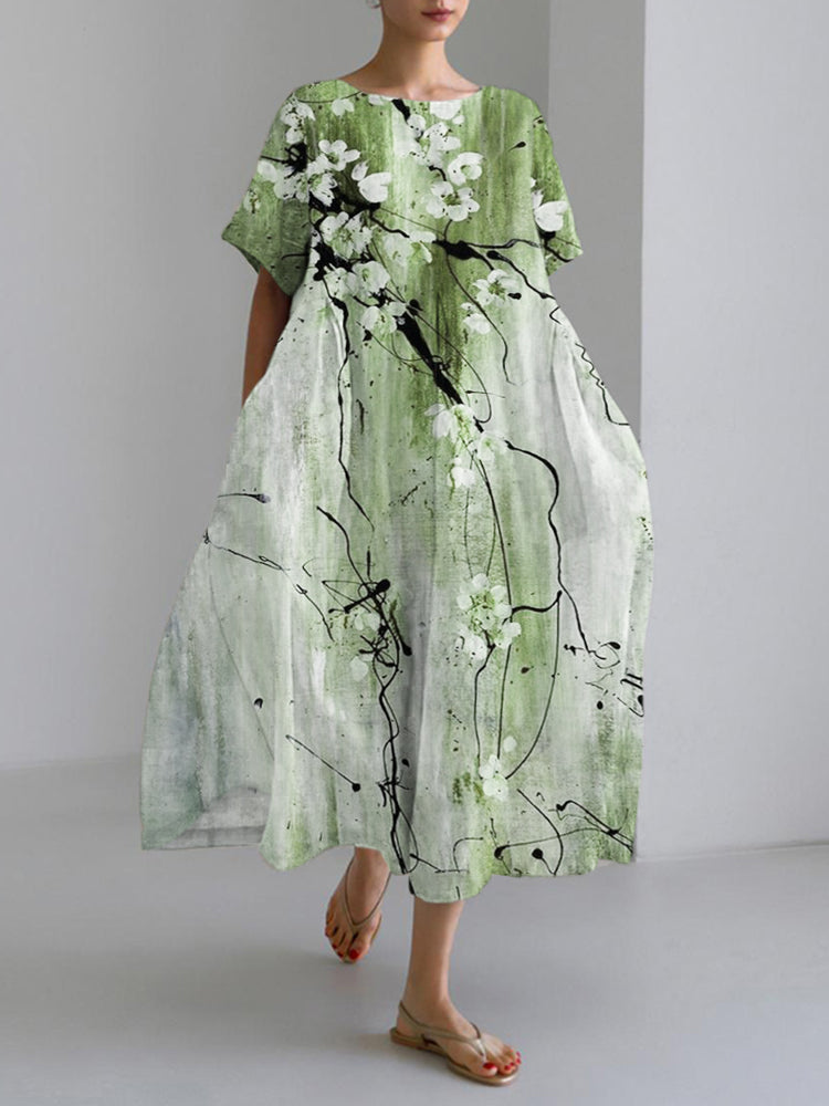 Comstylish Vintage Ink Flower Print Linen Maxi Dress