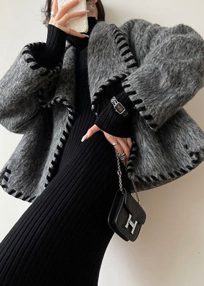 Loose Grey Pockets Patchwork Coat and Skirts Wool Two Pieces Set Long Sleeve