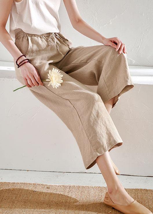 Beige Pockets Wide Leg Summer Pants Linen
