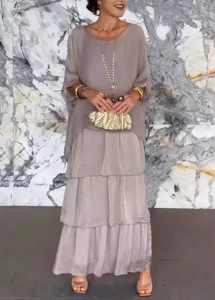 French Grey O Neck Chiffon Dresses Batwing Sleeve Summer