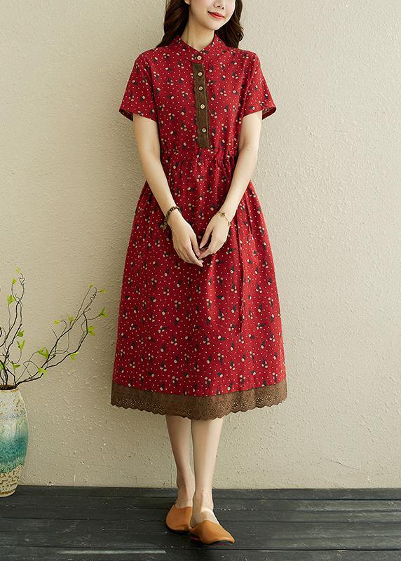 Red Print Stand Collar Robe Summer Cotton Dress
