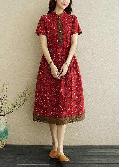 Red Print Stand Collar Robe Summer Cotton Dress