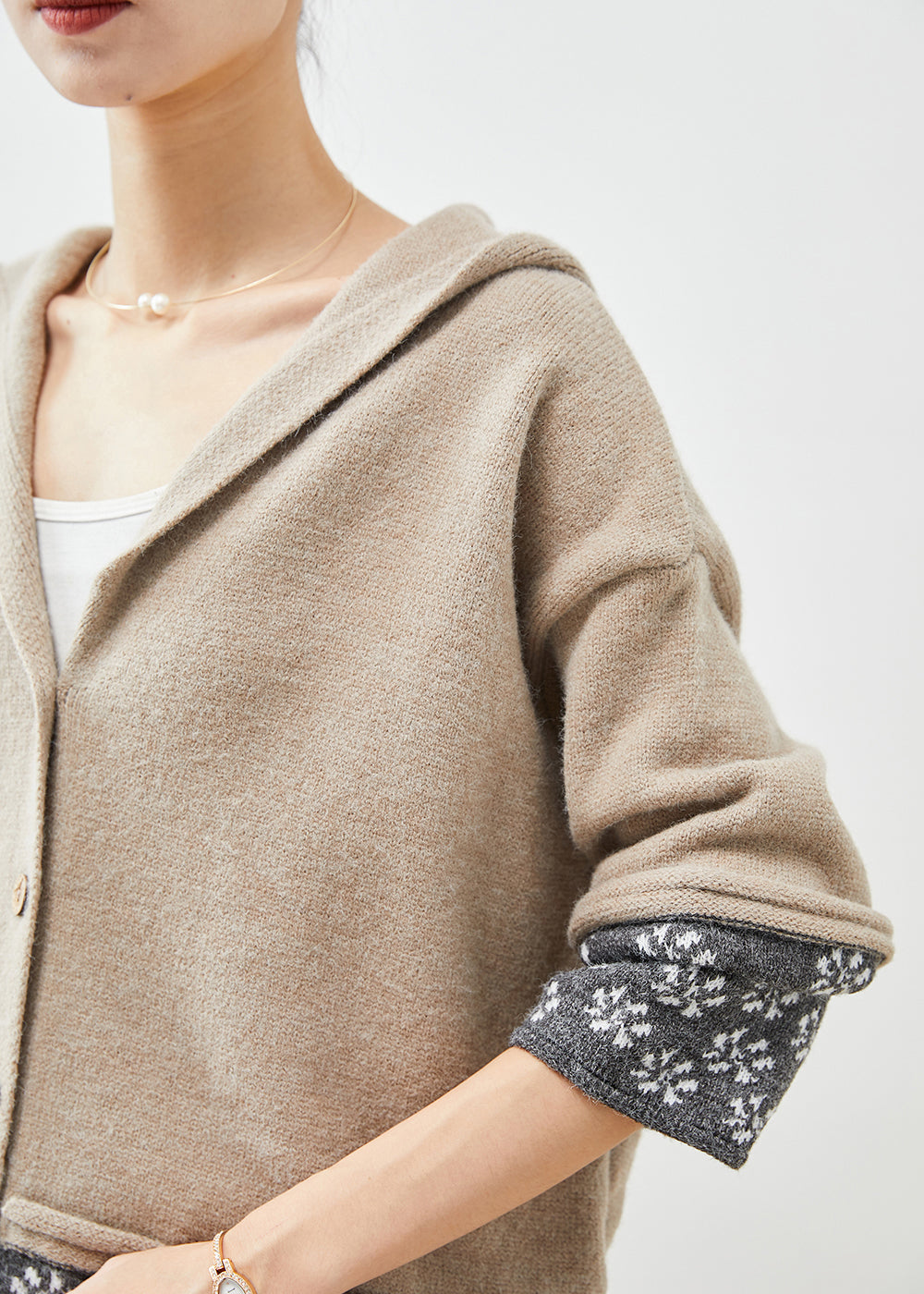 Khaki Hooded Patchwork Pockets Knit Coat Fall