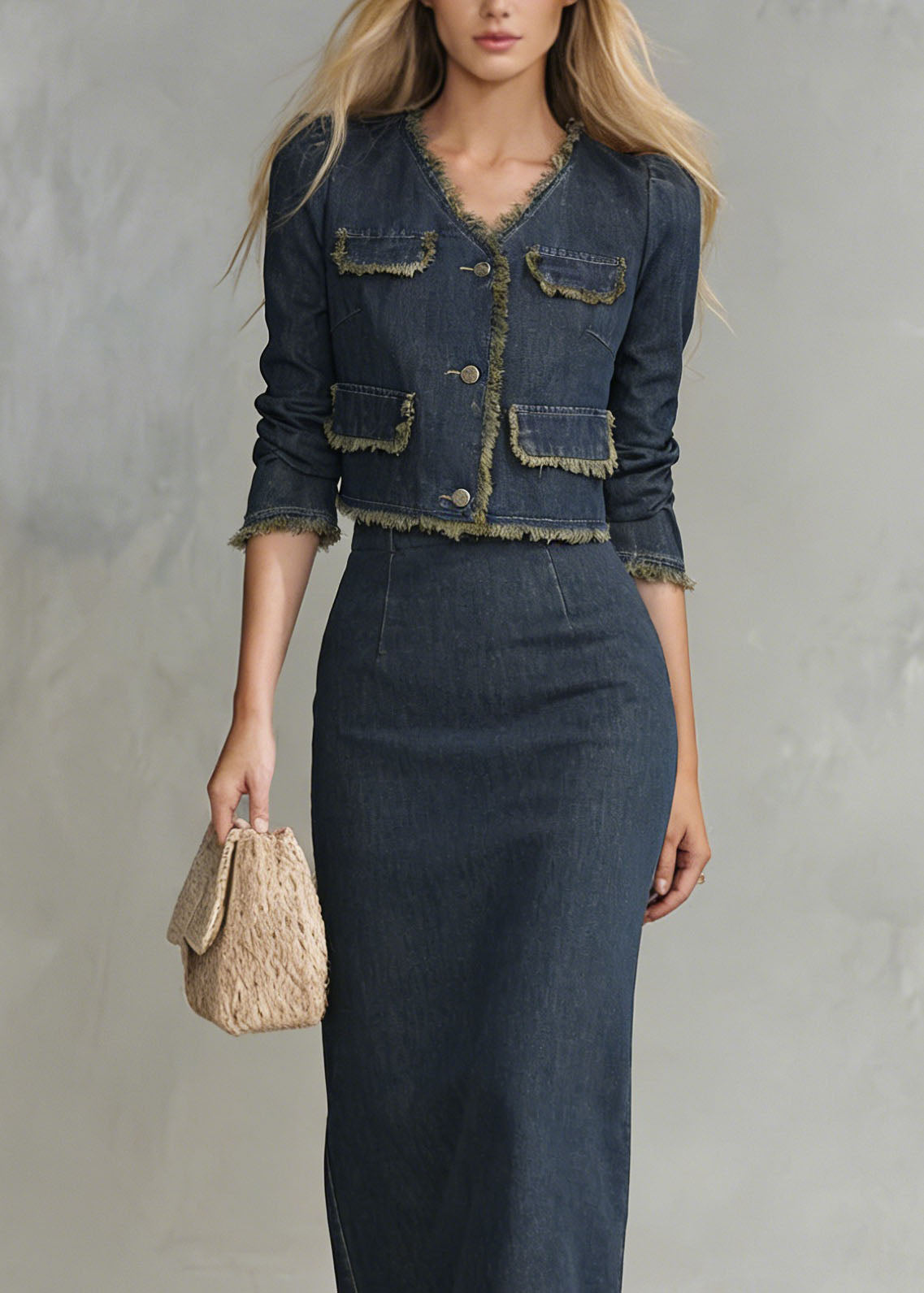 Navy V Neck Coat and Skirts Denim Two Piece Set Spring