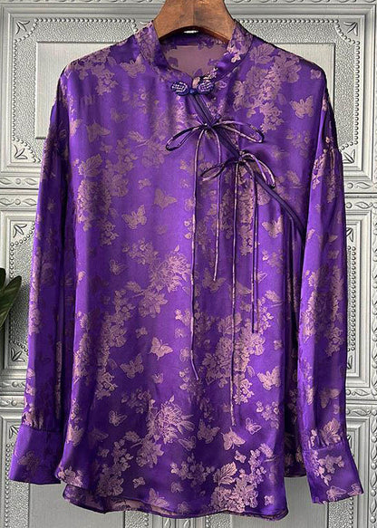Purple Print Lace Up Patchwork Silk Shirts Long Sleeve
