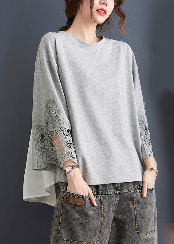 Grey Ruffled Lace Patchwork Cotton Tops Spring