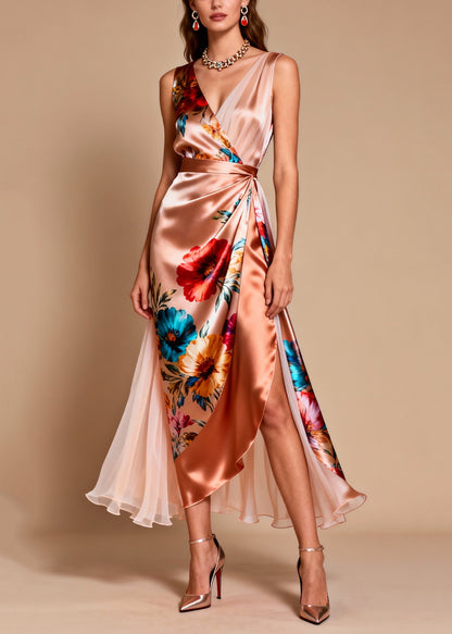 V Neck Print Patchwork Silk Dress Sleeveless