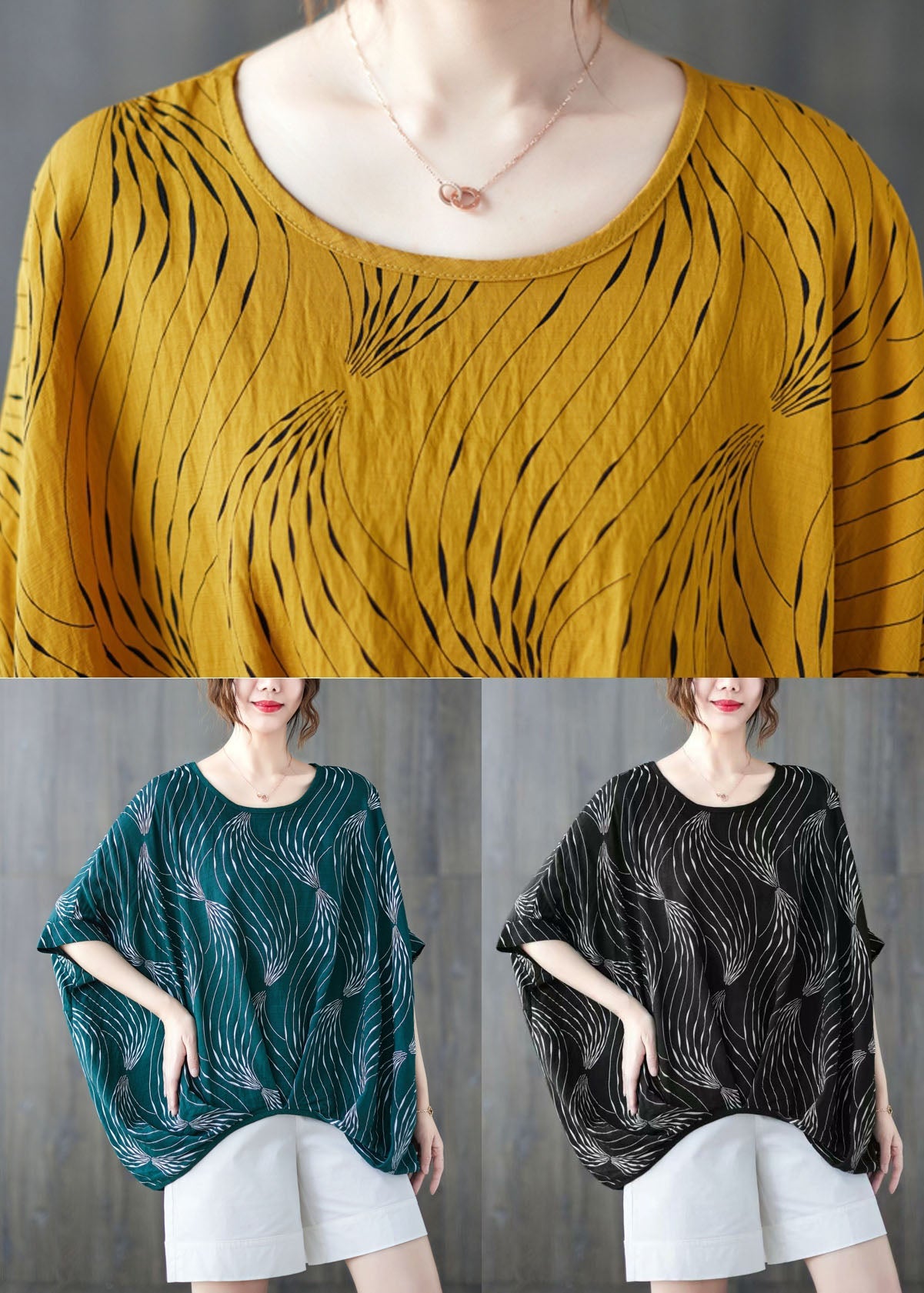 Green O-neck Print Cotton Pullover Tops Short Sleeve