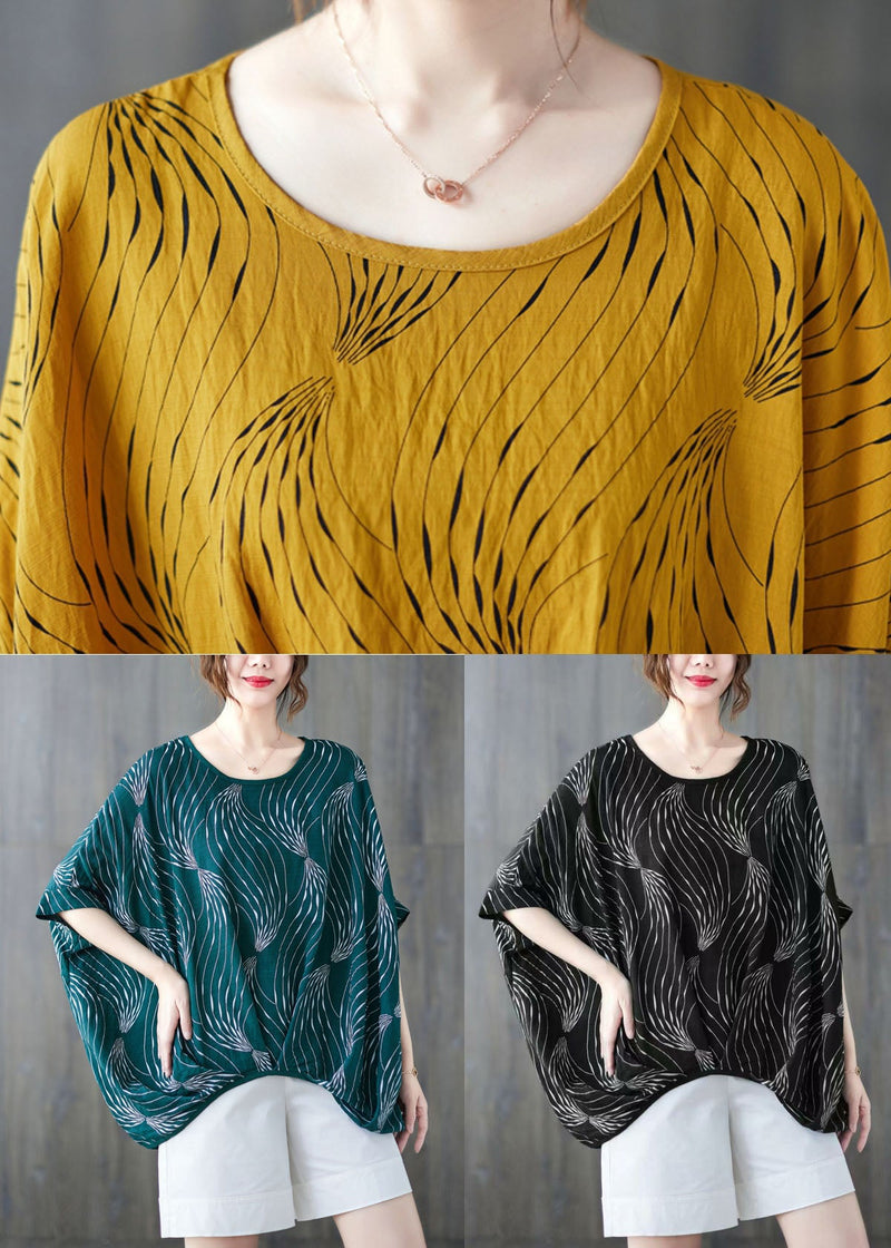 Green O-neck Print Cotton Pullover Tops Short Sleeve