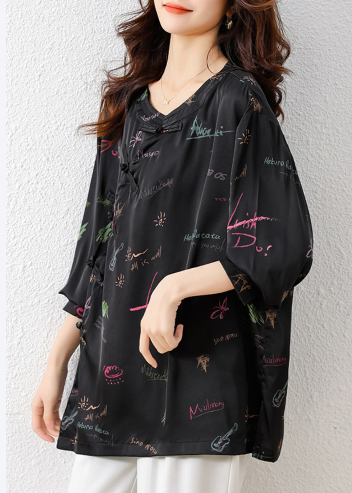 Black Embroidered Print Silk Oriental Blouses Fall