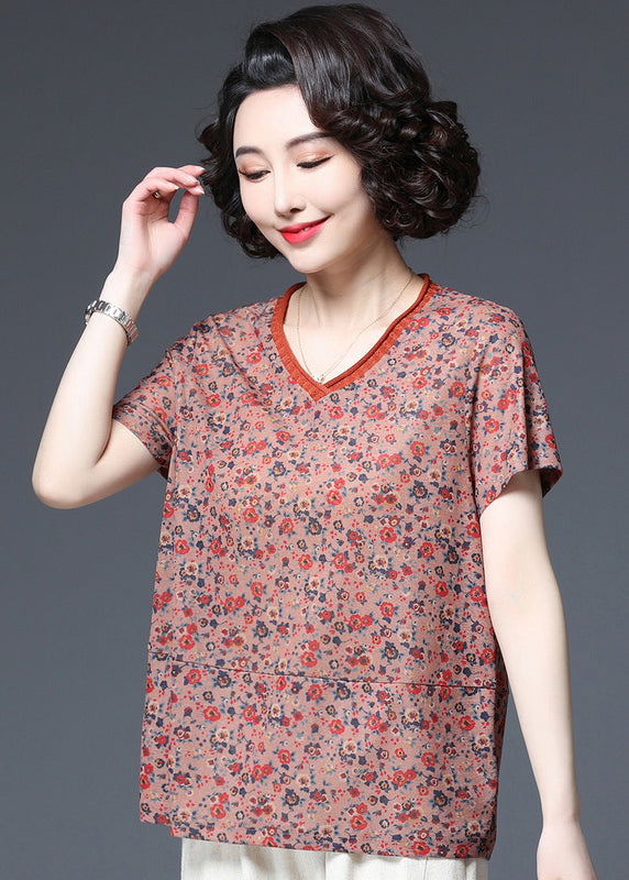 Orange V Neck Print Patchwork Tank Tops Short Sleeve