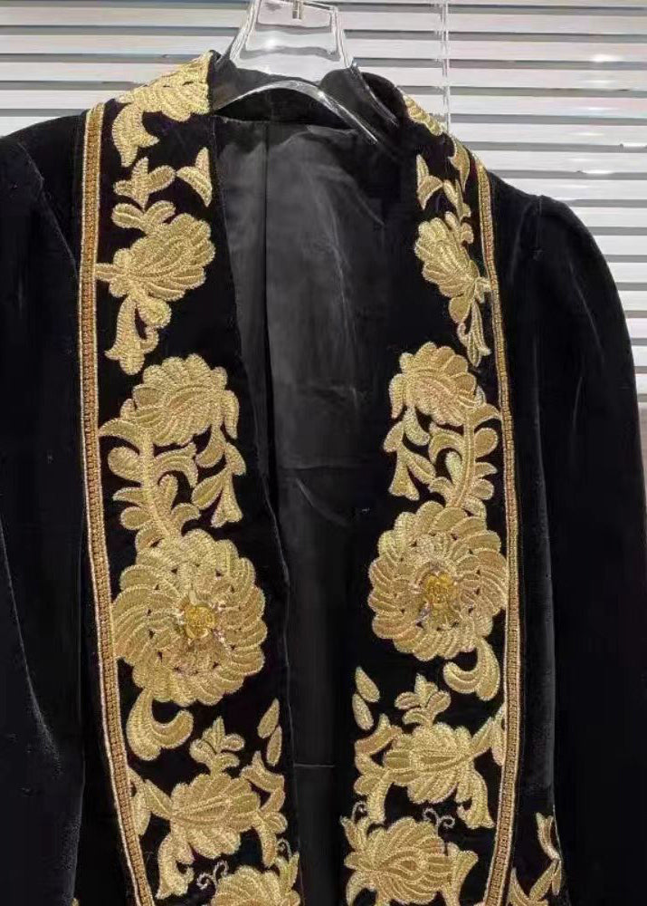 Black Handmade Embroideried Velour Coats Spring