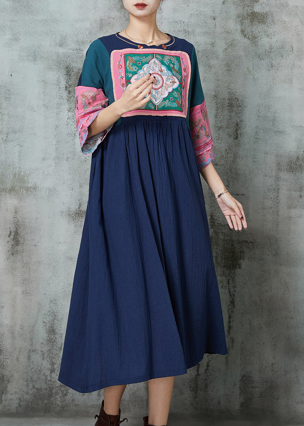 Style Navy Embroidered Patchwork Linen Dresses Summer