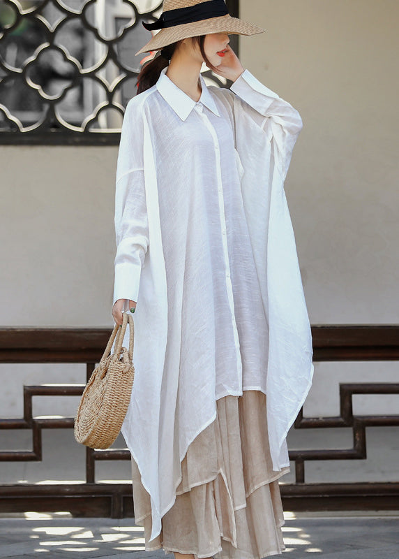 White Asymmetrical Design Peter Pan Collar Linen Long Shirt Long Sleeve