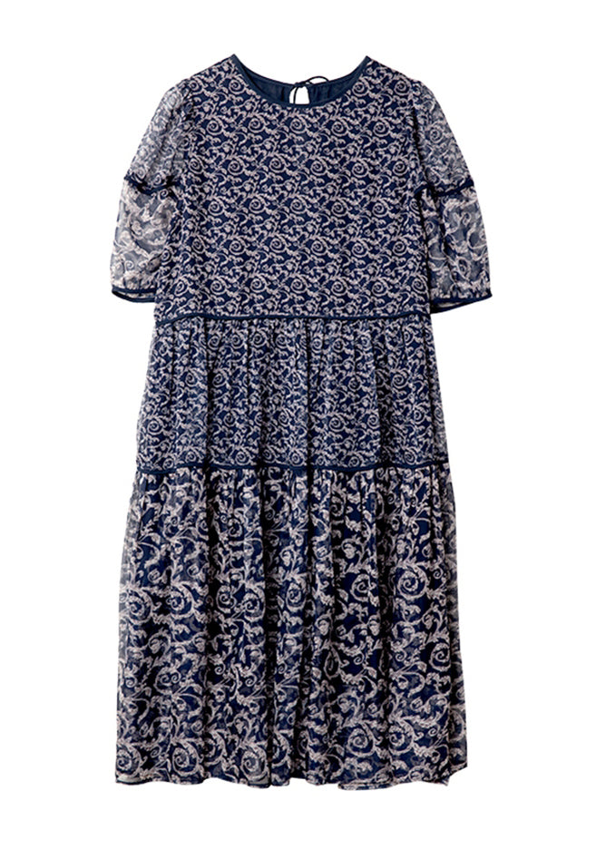 Navy O Neck Print Patchwork Chiffon Dresses Summer