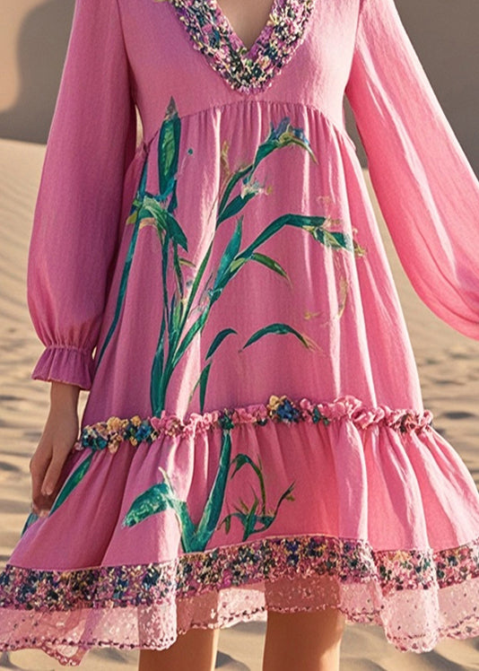 Pink V Neck Patchwork Print Cotton Day Dress Fall