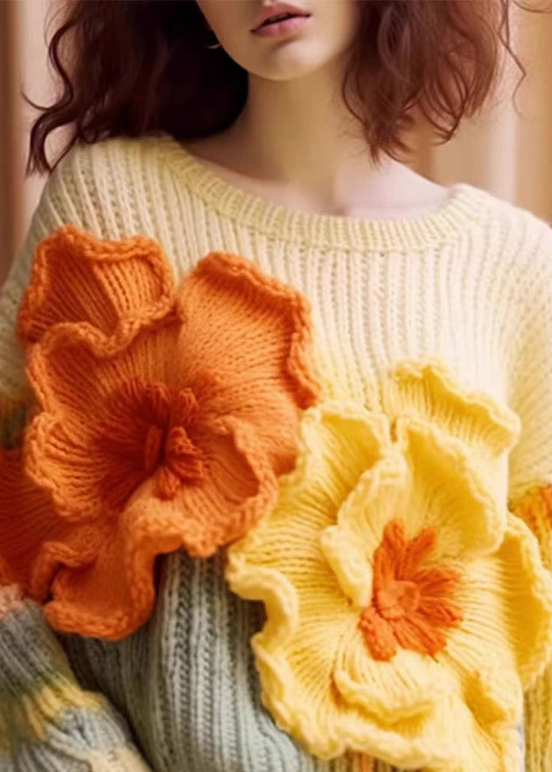 Unique Apricot Patchwork Cozy Cotton Knit Sweaters Long Sleeve