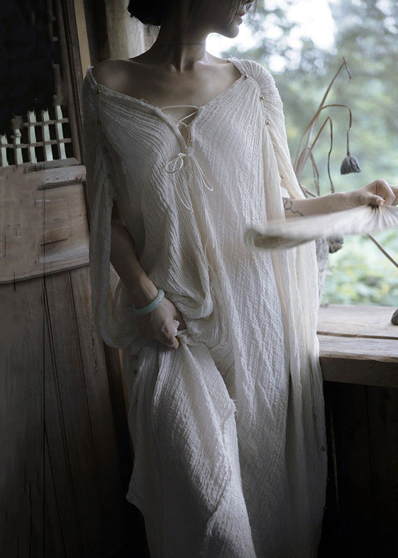 White V Neck Lace Up Cotton Maxi Dresses Summer