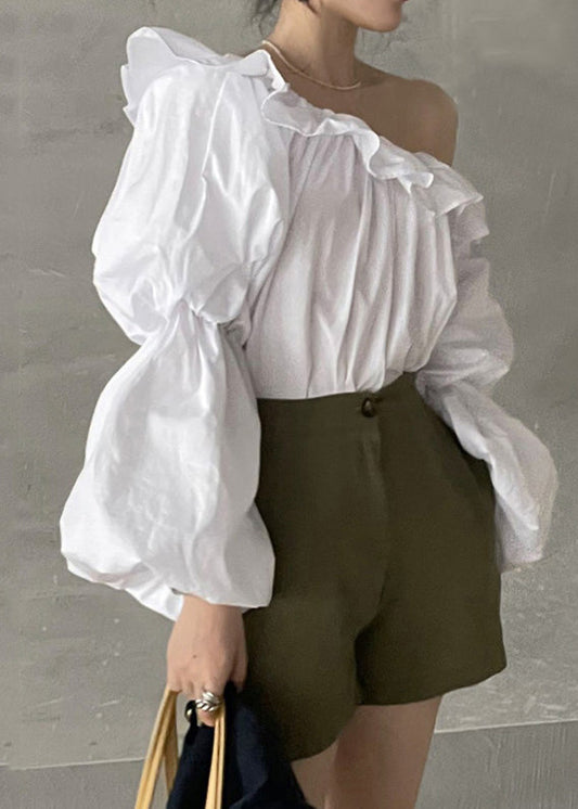French White Cold Shoulder Cotton Blouse Top Puff Sleeve