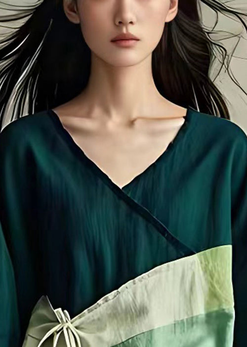 Original Colorblock V Neck Patchwork Cotton Tops Bracelet Sleeve