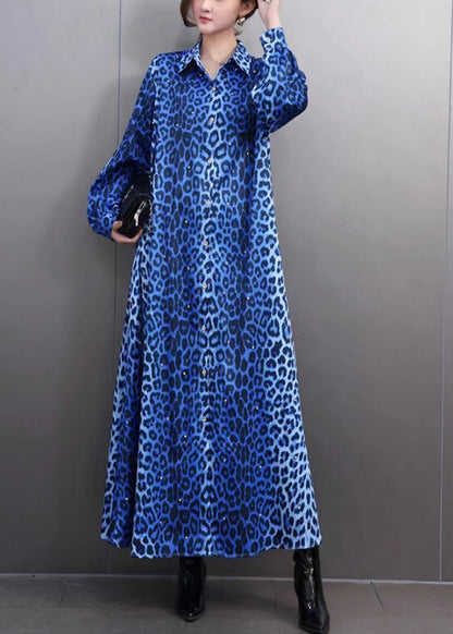 Blue Leopard Peter Pan Collar Maxi Shirts Dress Spring