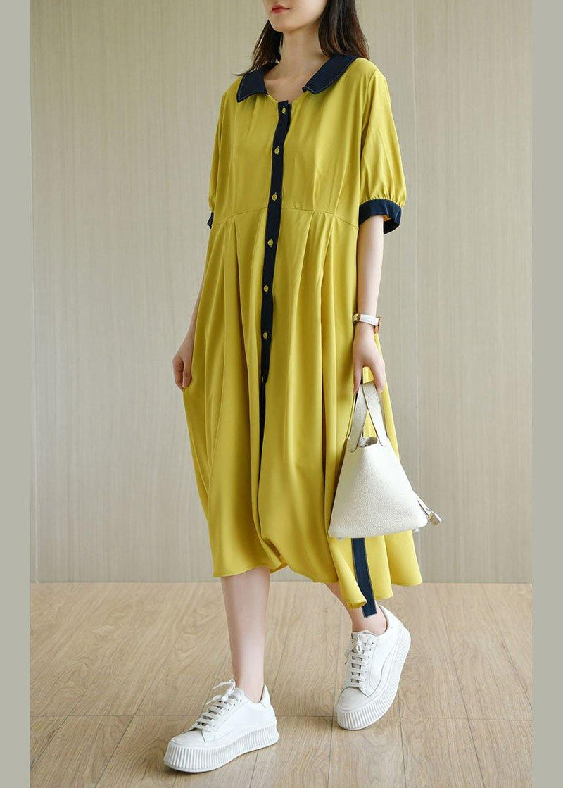Handmade Yellow Square Collar Button Summer Chiffon Dresses Half Sleeve