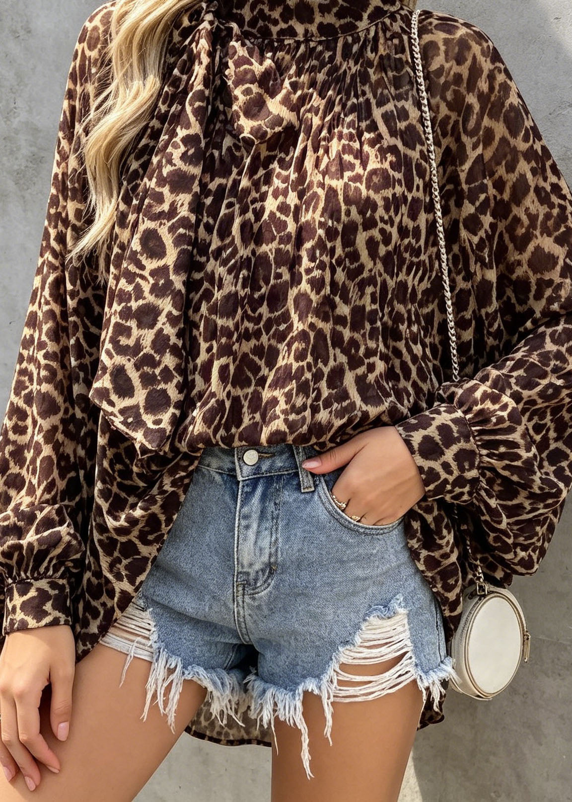 Leopard Print Bow Chiffon Shirts Tops Spring