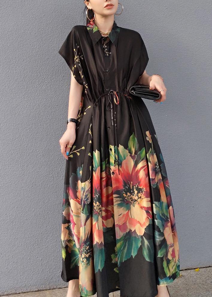 Lapel Drawstring Spring Tunic Sleeve Black Print Robe Dresses