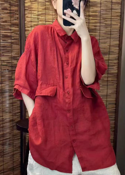 Red Oversized Pockets Linen Blouses Summer