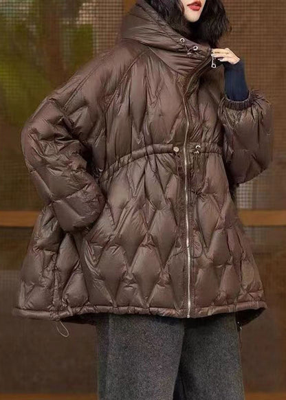 Coffee Hooded Drawstring Patchwork Cotton Coat Winter