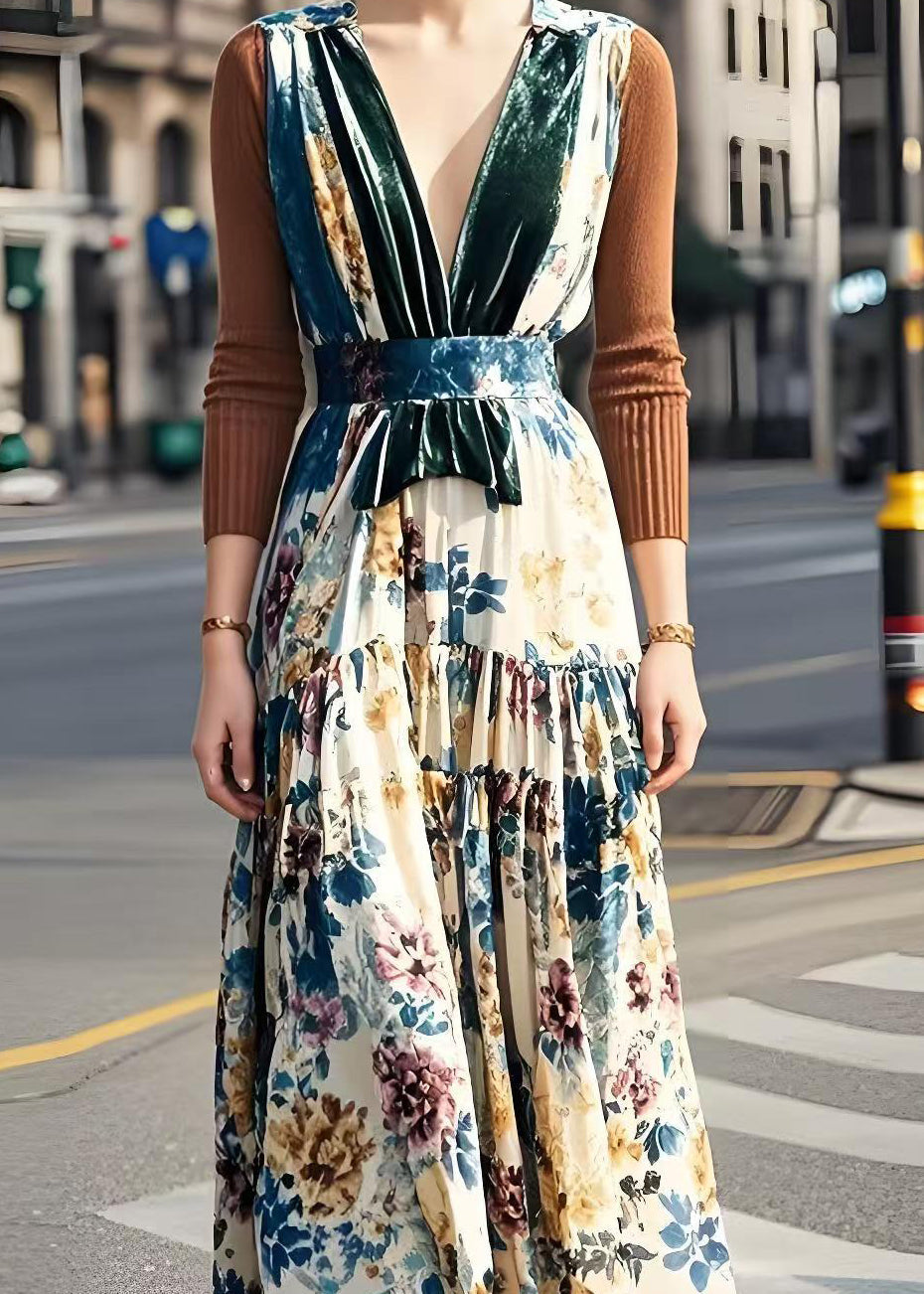 V Neck Patchwork Print Silk Velour Long Dress Fall