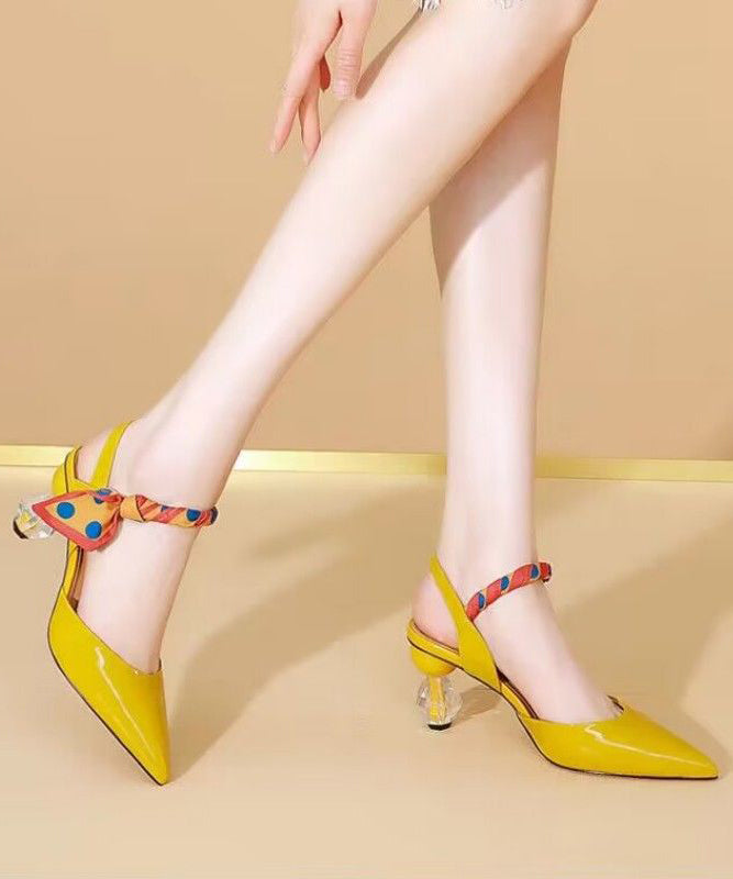 Splicing High Heel Sandals Yellow Faux Leather Pointed Toe