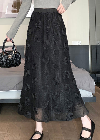 Black Patchwork Cotton Skirt Elastic Waist Spring